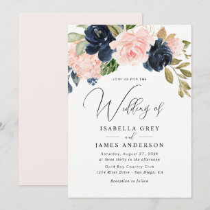 Invitación Elegante Rosa Azul Marino Floral Follaje Boda