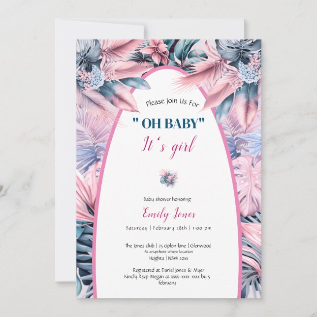 Invitación Elegante rosa azul pastel oh pequeña ducha (Anverso)