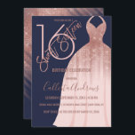 Invitación Elegante Rosa azul  Purpurina de oro vestido dulce<br><div class="desc">Esta fresca, única y glamorosa invitación a los Dulces 16 Cumpleaños es el diseño perfecto para el elegante y moda chica de cumpleaños. Su diseño presenta una imitación imprimida brillante de la secuencia de purpurinas de oro rosa y un vestido de princesa gradiente rosa y rosa rubio sobre un fondo...</div>