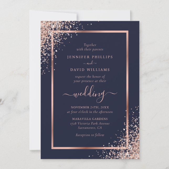 Invitación Elegante Rosa azul  Purpurina dorado Boda de marco (Anverso)