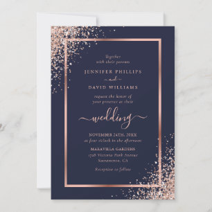 Invitación Elegante Rosa azul  Purpurina dorado Boda de marco