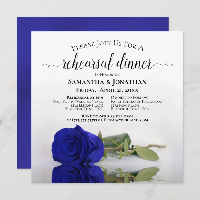 Invitación Elegante Rosa azul real Boda ensayo y cena (Anverso / Reverso)