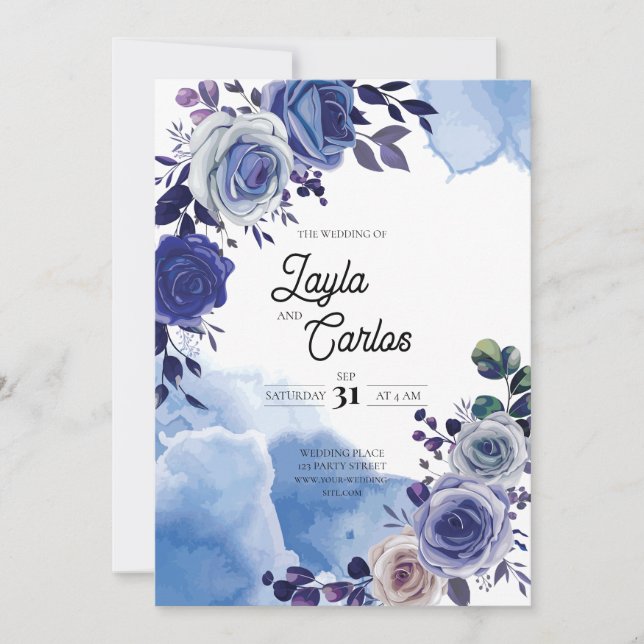 Invitación Elegante Rosa azul real Fancy QR Code Boda (Anverso)
