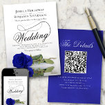 Invitación Elegante Rosa azul real Fancy QR Code Boda<br><div class="desc">Esta hermosa invitación a la boda incluye una magnífica fotografía de un rosa de tallo largo de color azul real o cobalto sobre su lado, reflejado en un estanque de agua con olas y olas. El diseño presenta un guión de caligrafía sofisticada con una larga cola rizada que lo hace...</div>