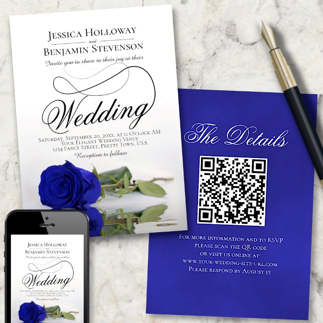 Invitación Elegante Rosa azul real Fancy QR Code Boda (Subido por el creador)
