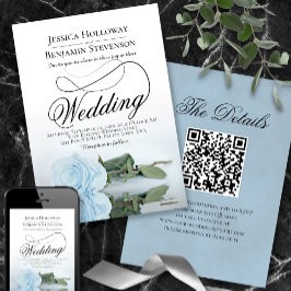 Invitación Elegante Rosa azul turbio guión Boda de código QR