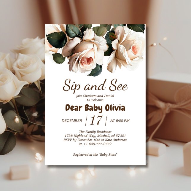 Invitación Elegante Rosa beige Sip y ver Baby Shower Chica (Gentle Sip & See Baby Shower Invite!)
