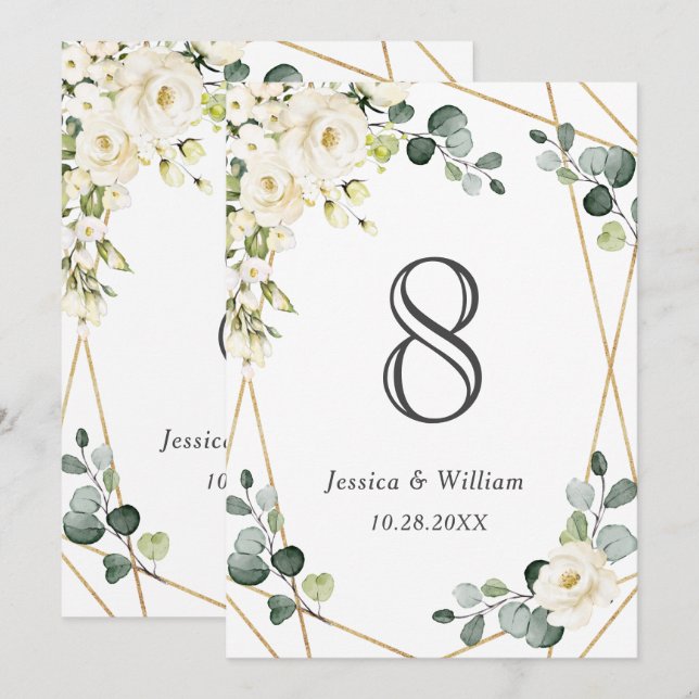 Invitación Elegante Rosa Blanca Eucalyptus Boda Número de mes (Anverso / Reverso)