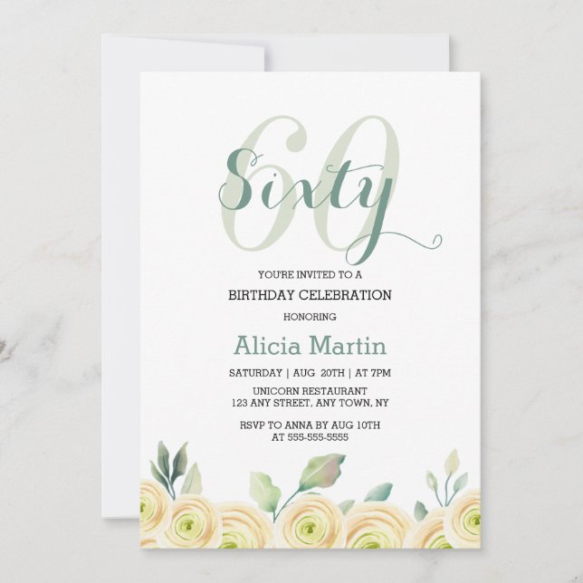 Invitación Elegante Rosa Blanca Eucalyptus Flora 60 cumpleaño (Anverso)