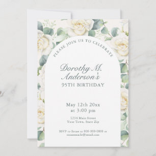 Invitación Elegante Rosa Blanca Fiesta de Cumpleaños 95