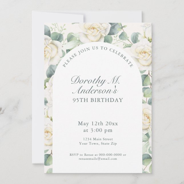 Invitación Elegante Rosa Blanca Fiesta de Cumpleaños 95  (Anverso)