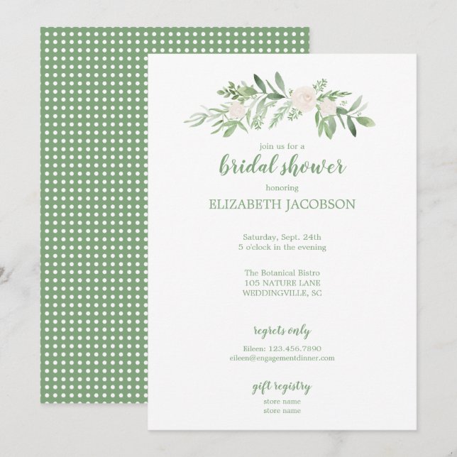 Invitación Elegante Rosa blanco y verde ducha de novia floral (Anverso / Reverso)