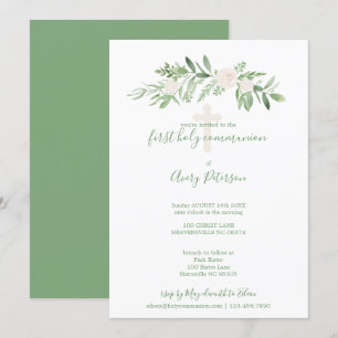 Invitación Elegante Rosa blanco y verde primera comunión sagr