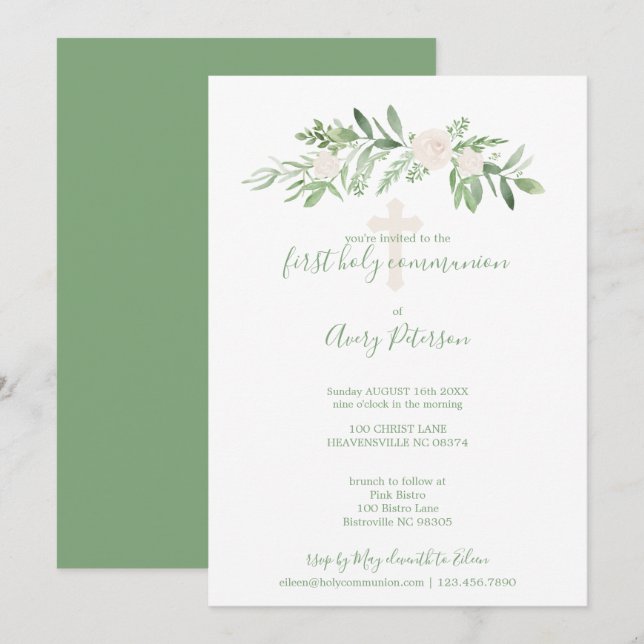 Invitación Elegante Rosa Blanco y Verde Primera Santa Comunió (Anverso / Reverso)
