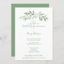 Invitación Elegante Rosa Blanco y Verde Primera Santa Comunió