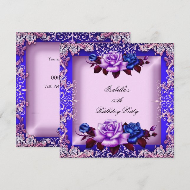 Invitación Elegante Rosa Blue Pink Purple Lilac Cumpleaños (Anverso / Reverso)