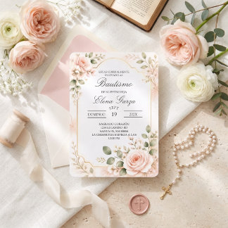 Invitación Elegante Rosa Blush Botánica Bautismo