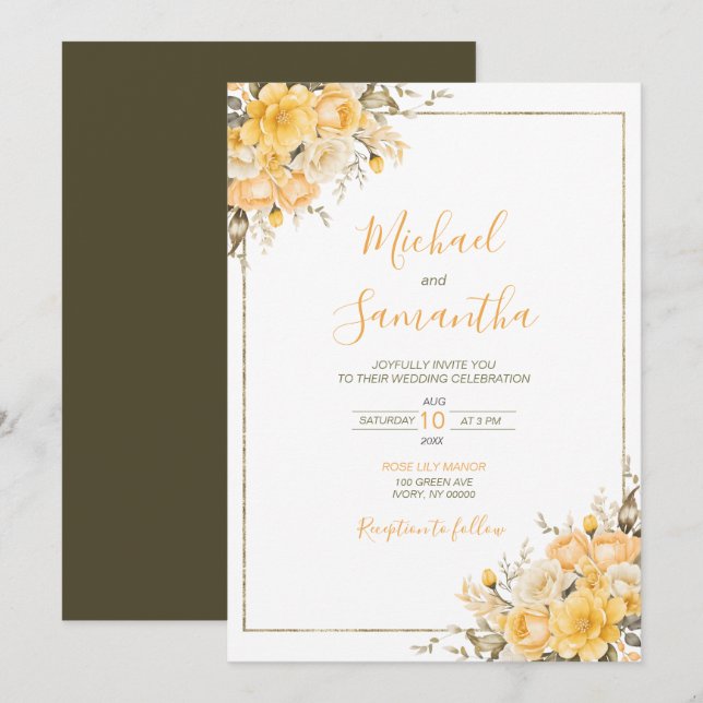 Invitación Elegante Rosa Boda amarillo e marfil (Anverso / Reverso)