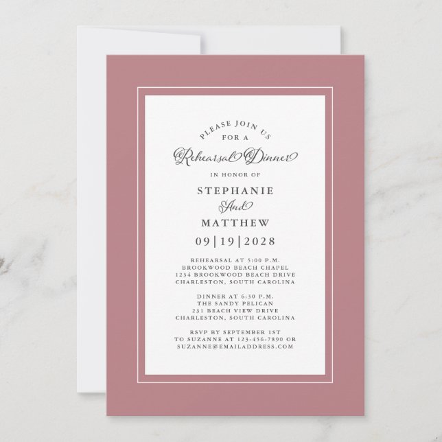 Invitación Elegante Rosa  Boda blanco ensayar cena (Anverso)
