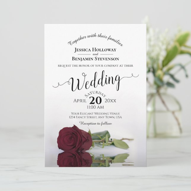 Invitación Elegante Rosa Boda de Borgoña de estampado largo (Anverso de pie)