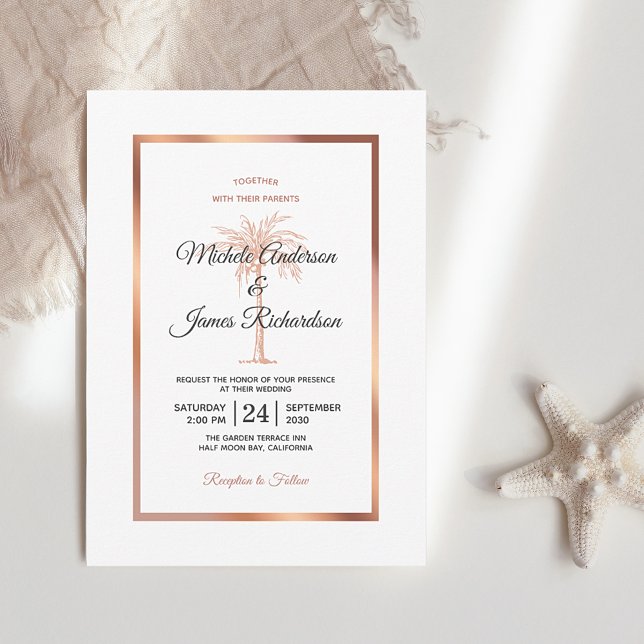 Invitación Elegante Rosa Boda de Mármol de Palm Tree de Cobre (Subido por el creador)