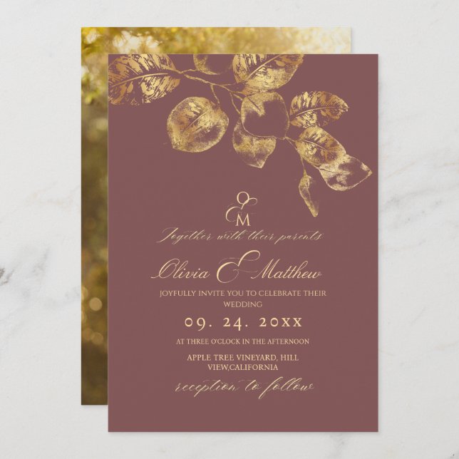 Invitación Elegante Rosa Boda de oro Pantone Brown (Anverso / Reverso)