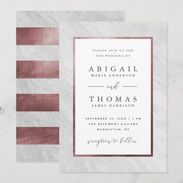 Invitación Elegante Rosa Boda de oro y mármol blanco (Anverso / Reverso)