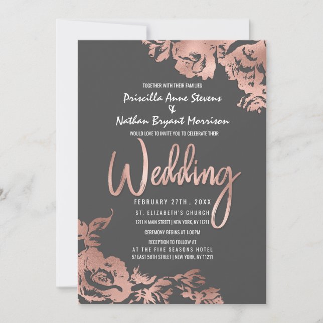 Invitación Elegante Rosa Boda dorado oscuro gris floral (Anverso)