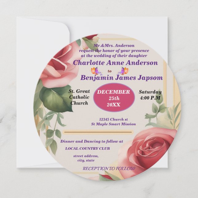 Invitación Elegante Rosa Boda Floral (Anverso)