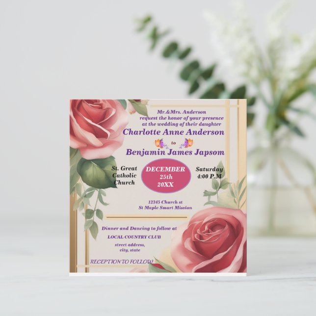 Invitación Elegante Rosa Boda Floral (Anverso de pie)