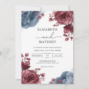 Invitación Elegante Rosa Boda Floral Azul