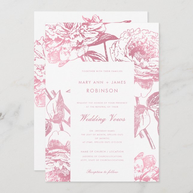 Invitación Elegante Rosa Boda floral de oro Vow Renovación (Anverso / Reverso)