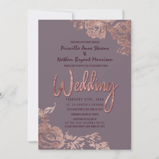 Invitación Elegante Rosa Boda Floral Morado Mauve (Anverso)