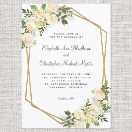 Invitación Elegante Rosa Boda floral oro geométrico blanco