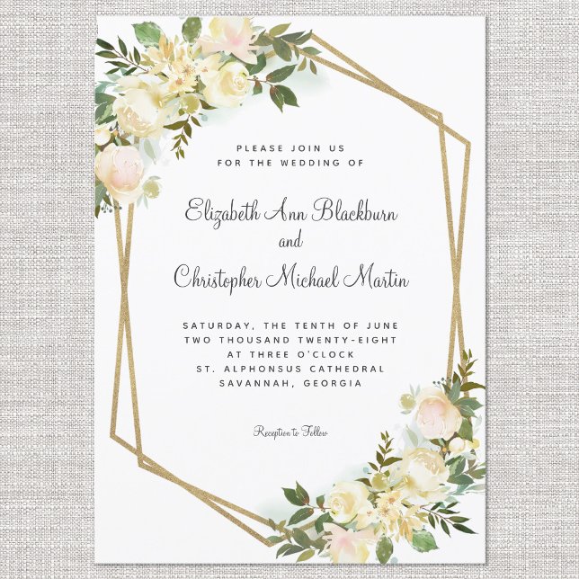 Invitación Elegante Rosa Boda floral oro geométrico blanco (Subido por el creador)