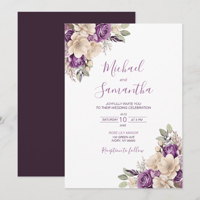 Invitación Elegante Rosa Boda morado e marfil (Anverso / Reverso)