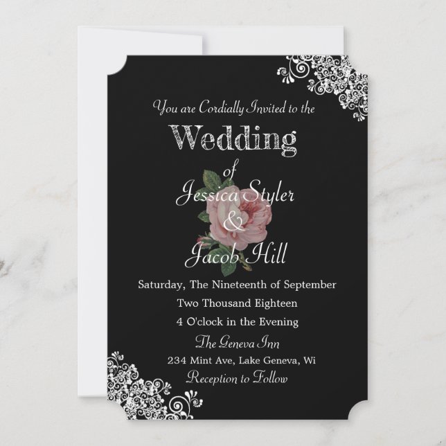 Invitación Elegante Rosa Boda negro y rosa (Anverso)