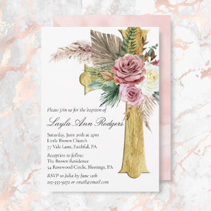 Invitación Elegante Rosa Boho Floral cruza el bautismo