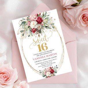 Invitación Elegante Rosa Borgoña con Floral Dorado para Sweet