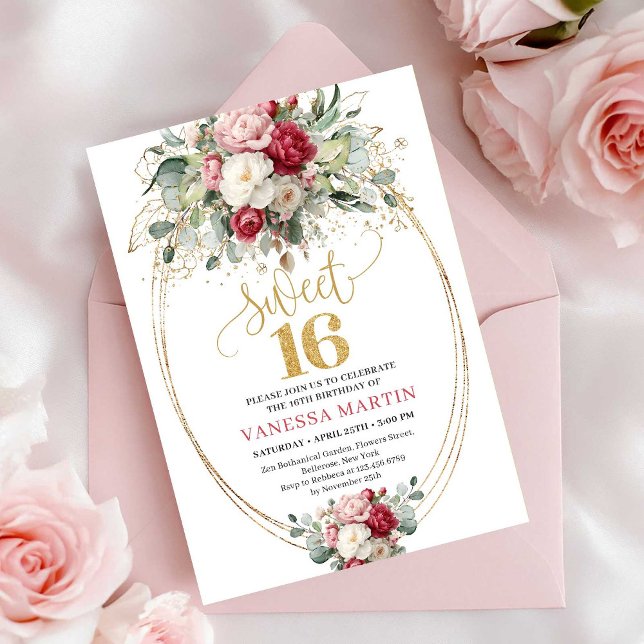 Invitación Elegante Rosa Borgoña con Floral Dorado para Sweet (Elegant Burgundy Blush Gold Floral Sweet Sixteen Invite)