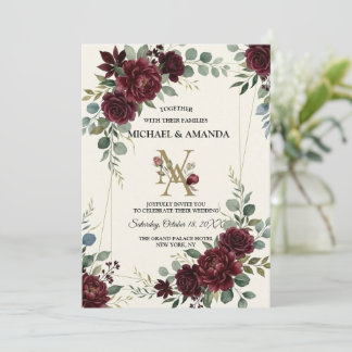 Invitación Elegante Rosa Borgoña Floral Botánica Boda