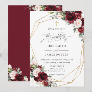 Invitación Elegante Rosa Borgoña Floral Iglesia Boda  
