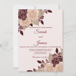 Invitación Elegante Rosa Borgoña Purpurina de oro Boda floral