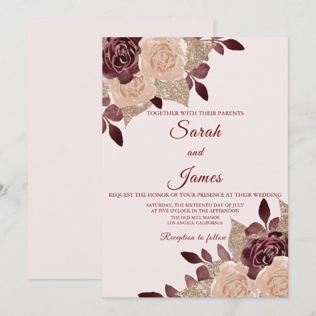 Invitación Elegante Rosa Borgoña Purpurina de oro Boda floral (Anverso / Reverso)