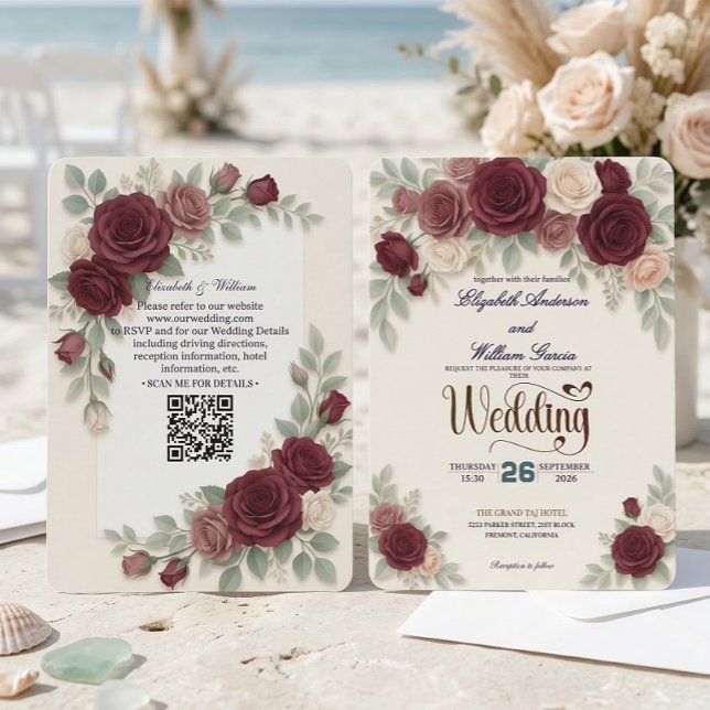 Invitación Elegante Rosa Borgoña Todo en Uno Código QR Boda (Subido por el creador)