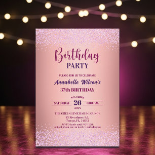 Invitación Elegante Rosa Brillante Metálico Cumpleaños 37