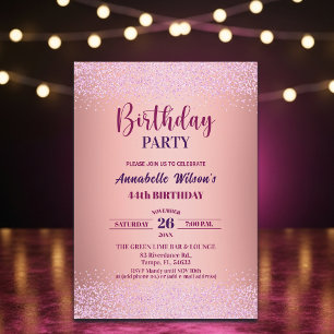 Invitación Elegante Rosa Brillo Metálico Rosa Cumpleaños 44