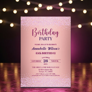 Invitación Elegante Rosa Brillo Metálico Rosa Cumpleaños 45