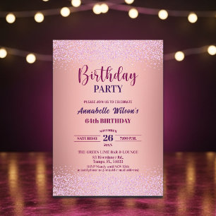 Invitación Elegante Rosa Brillo Metálico Rosa Cumpleaños 64 