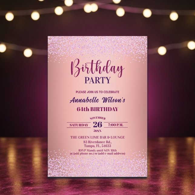 Invitación Elegante Rosa Brillo Metálico Rosa Cumpleaños 64  (Subido por el creador)
